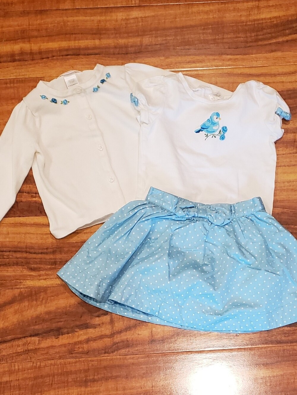 Janie and Jack EUC 12-18 months rose cardigan, bird S/S top & polka dot skirt